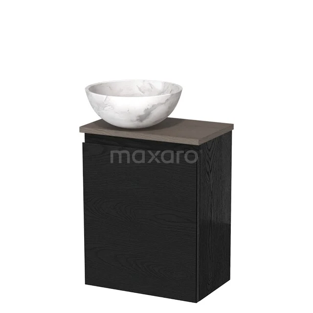 Toilet unit with countertop wash basin | 41 cm Black oak Handleless front White marble Natural stone countertop wash basin Dark brown oak worktop TMK10-13457