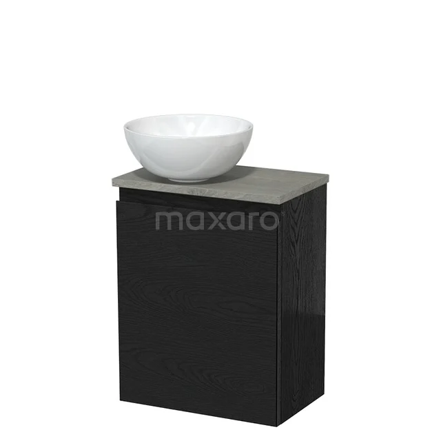 WC-Möbel mit Aufsatzwaschbecken | 41 cm Schwarze Eiche Grifflose Front Hochglanz Weiß Keramik Aufsatzwaschbecken Graue Eiche Platte TMK10-13463