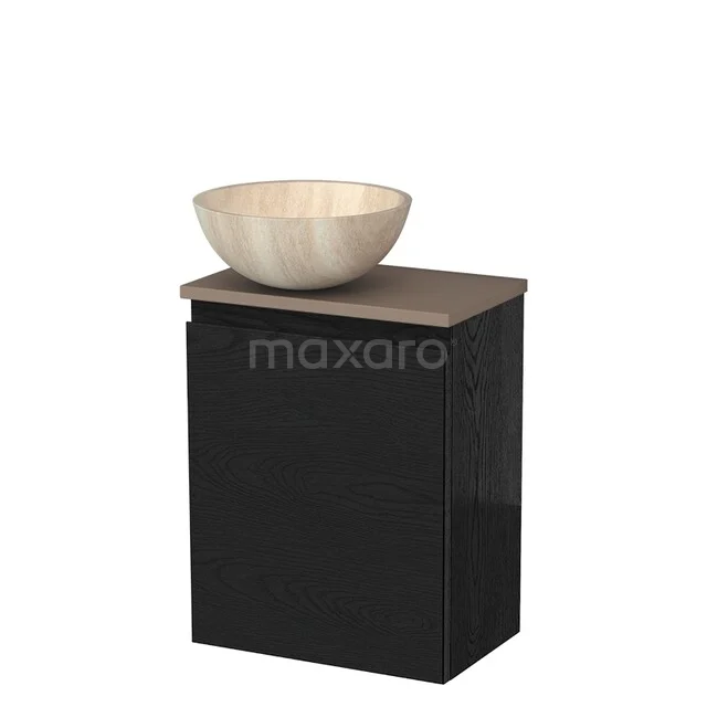 WC-Möbel mit Aufsatzwaschbecken | 41 cm Schwarze Eiche Grifflose Front Travertin Naturstein Aufsatzwaschbecken Taupe Platte TMK10-13510