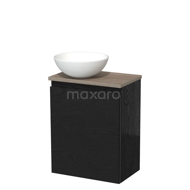 WC-Möbel mit Aufsatzwaschbecken | 41 cm Schwarze Eiche Grifflose Front Matt Weiß Keramik Aufsatzwaschbecken Platte aus Eiche TMK10-13622