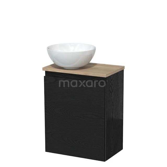 WC-Möbel mit Aufsatzwaschbecken | 41 cm Schwarz Eiche Grifflose Front Hochglanz Weiß Keramik Aufsatzwaschbecken Hellbraune Eiche Platte TMK10-13645