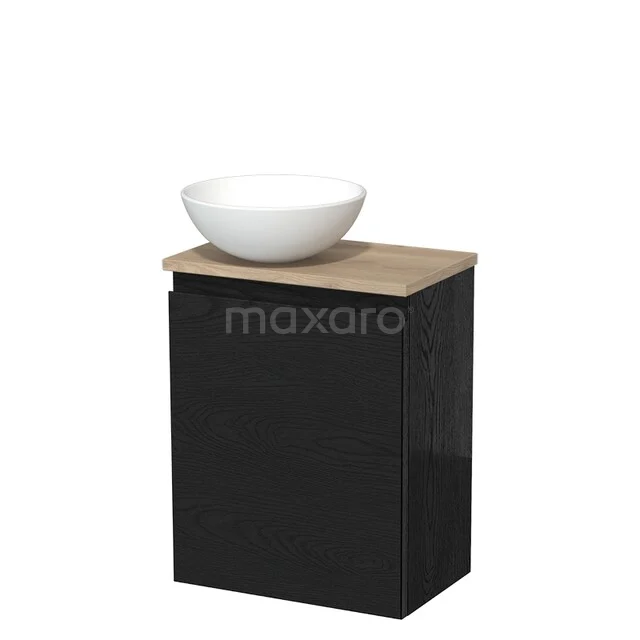 Toilet unit with countertop wash basin | 41 cm Black oak Handleless front Matte white Ceramic basin Light brown oak worktop TMK10-13648
