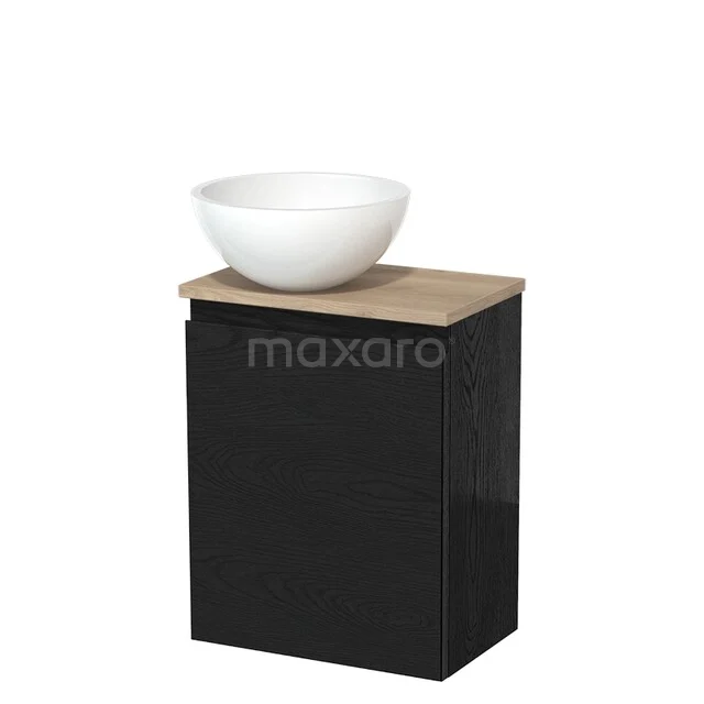 WC-Möbel mit Aufsatzwaschbecken | 41 cm Schwarze Eiche Grifflose Front Hochglanz Weiß Mineralguss Aufsatzwaschbecken Hellbraune Eiche Platte TMK10-13649