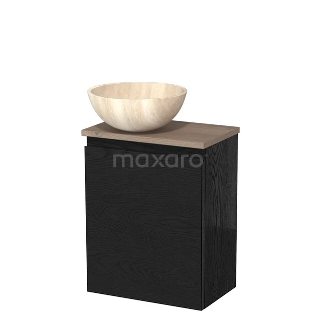 Toiletmeubel met waskom | 41 cm Zwart eiken Greeploos front Travertin Natuursteen waskom Middenbruin eiken blad TMK10-13666
