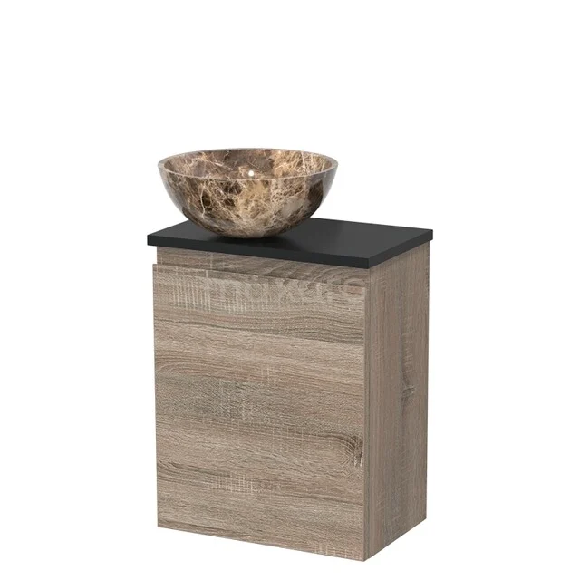 Toiletmeubel met waskom | 41 cm Eiken Greeploos front Dark emperador Natuursteen waskom Mat zwart blad TMK10-14179