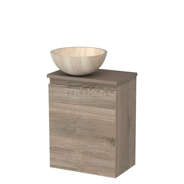 Toilet unit with wash basin | 41 cm Oak Handleless front Travertine Natural stone countertop wash basin Taupe worktop TMK10-14190