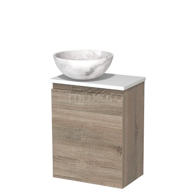 WC-Möbel mit Aufsatzwaschbecken | 41 cm Eiche Grifflose Front Weißer Marmor Naturstein Aufsatzwaschbecken Matt Weiß Platte TMK10-14230