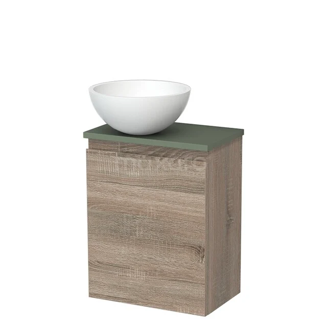 Toilet unit with wash basin | 41 cm Oak Handleless front Matte white Solid surface wash basin Sage green worktop TMK10-14246