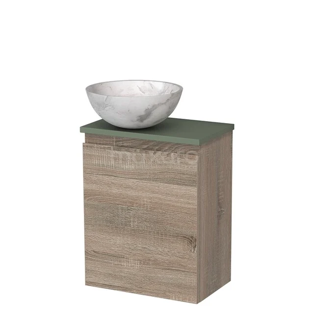 Toiletmeubel met waskom | 41 cm Eiken Greeploos front Wit marmer Natuursteen waskom Saliegroen blad TMK10-14256