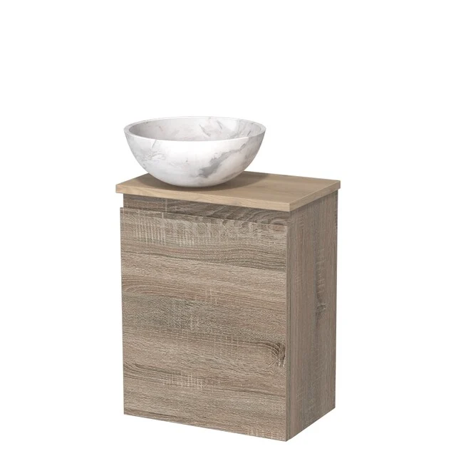 Toiletmeubel met waskom | 41 cm Eiken Greeploos front Wit marmer Natuursteen waskom Lichtbruin eiken blad TMK10-14321