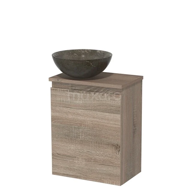 Toiletmeubel met waskom | 41 cm Eiken Greeploos front Blue stone Natuursteen waskom Middenbruin eiken blad TMK10-14326