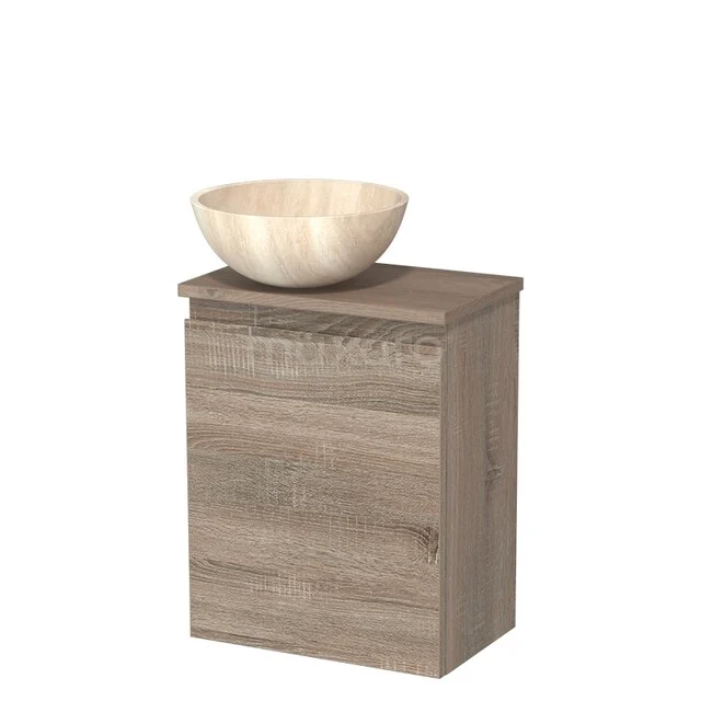 Toilet unit with wash basin | 41 cm Oak Handleless front Travertine Natural stone countertop wash basin Mid brown oak worktop TMK10-14333