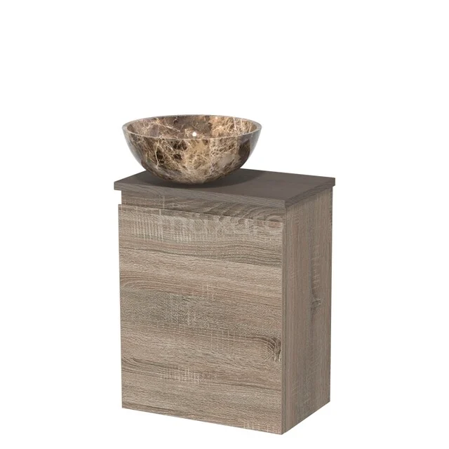 Toiletmeubel met waskom | 41 cm Eiken Greeploos front Dark emperador Natuursteen waskom Donkerbruin eiken blad TMK10-14348