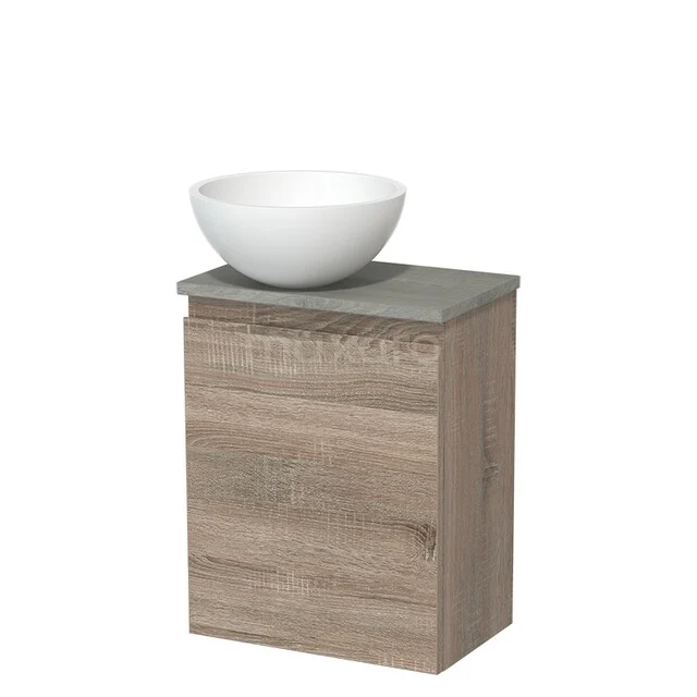 Toilet unit with countertop wash basin | 41 cm Oak Handleless front Matte white Solid surface wash basin Grey oak worktop TMK10-14350
