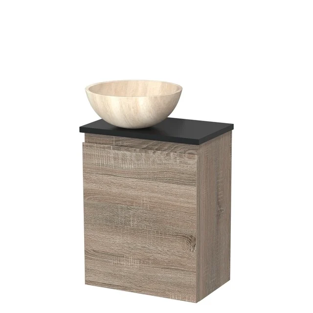 Toilet unit with wash basin | 41 cm Oak Handleless front Travertine Natural stone countertop wash basin Matte black oak worktop TMK10-14843