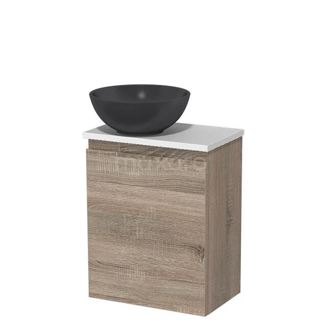 Toilet unit with countertop wash basin | 41 cm Oak Handleless front Matte black Quartz basin High-gloss white worktop TMK10-14876
