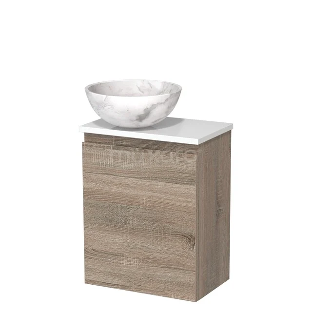 WC-Möbel mit Aufsatzwaschbecken | 41 cm Eiche Grifflose Front Weißer Marmor Naturstein Aufsatzwaschbecken Hochglanz Weiß TMK10-14883