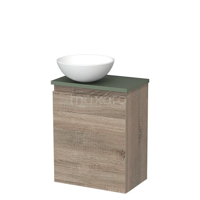 Toiletmeubel met waskom | 41 cm Eiken Greeploos front Mat wit Keramiek waskom Saliegroen blad TMK10-14916