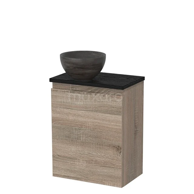 WC-Möbel mit Aufsatzwaschbecken | 41 cm Eiche Grifflose Front Blaustein Naturstein Aufsatzwaschbecken Schwarze Eiche Platte TMK10-14932