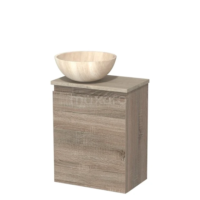 WC-Möbel mit Aufsatzwaschbecken | 41 cm Eiche grifflose Front Travertin Naturstein Aufsatzwaschbecken hellgraue Eiche Platte TMK10-14973