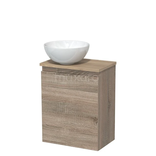 Toiletmeubel met waskom | 41 cm Eiken Greeploos front Hoogglans wit Keramiek waskom Lichtbruin eiken blad TMK10-14976