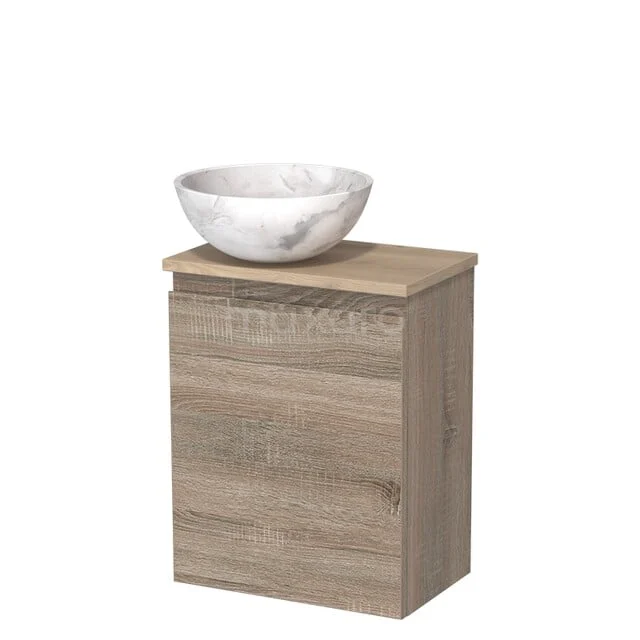 Toiletmeubel met waskom | 41 cm Eiken Greeploos front Wit marmer Natuursteen waskom Lichtbruin eiken blad TMK10-14987