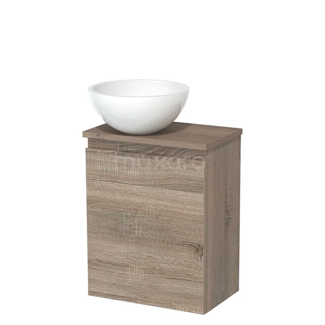 Toilet unit with wash basin | 41 cm Oak Handleless front High-gloss white Mineral marble countertop wash basin Mid brown oak worktop TMK10-14991