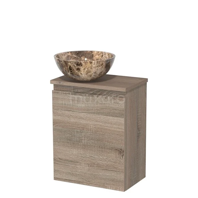 Toiletmeubel met waskom | 41 cm Eiken Greeploos front Dark emperador Natuursteen waskom Middenbruin eiken blad TMK10-15001