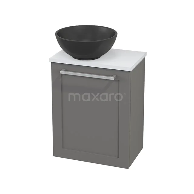 Grey bathroom cabinet with white worktop, black countertop wash basin, modern design in compact form. Ideal for stylish bathroom spaces.