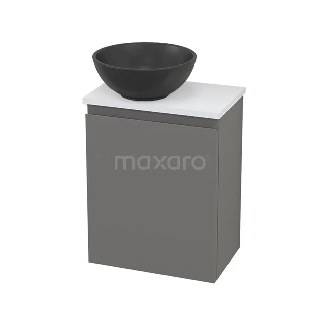 Grey bathroom cabinet with white countertop wash basin worktop and black round basin, modern design, ideal for a compact bathroom.