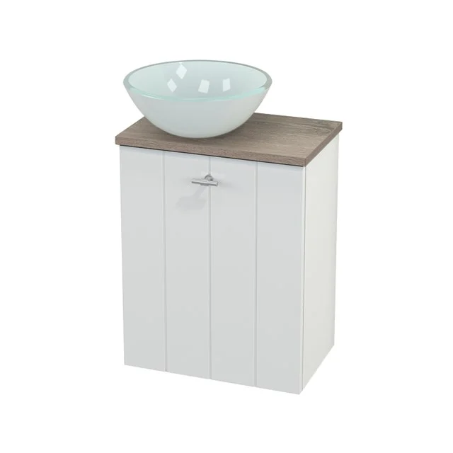 Toilet unit with countertop wash basin Glass Modulo+ Pico High-gloss white 41cm BMC000051 White bathroom unit with wood-look worktop and modern glass countertop wash basin, perfect for style and functionality in any bathroom.