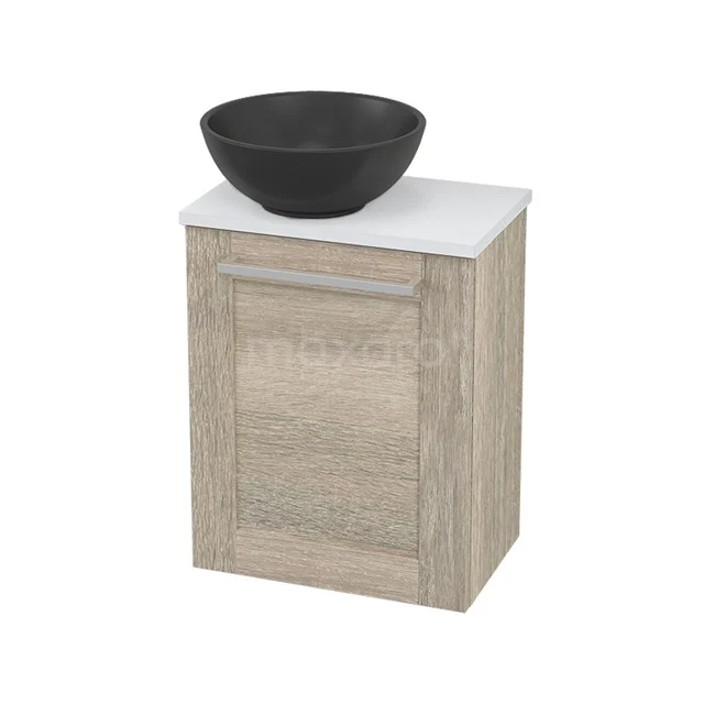 Toilet unit with countertop wash basin Quartz Modulo+ Pico Oak 41cm BMC001732 Wooden bathroom cabinet with black basin worktop and white top plate, ideal for a modern bathroom style.