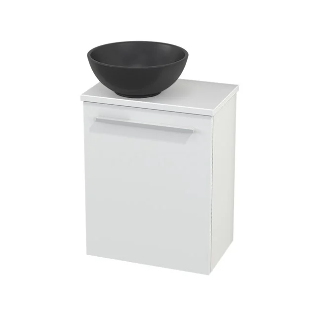 White bathroom unit with black ceramic basin, sleek design, ideal for modern bathroom design.