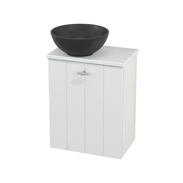 White bathroom unit with vertical panels and a black ceramic basin bowl, ideal for a stylish bathroom look.