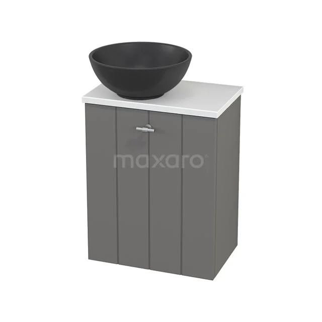 Grey bathroom cabinet with white top plate and black basin, made of wood, ideal for a modern bathroom style.