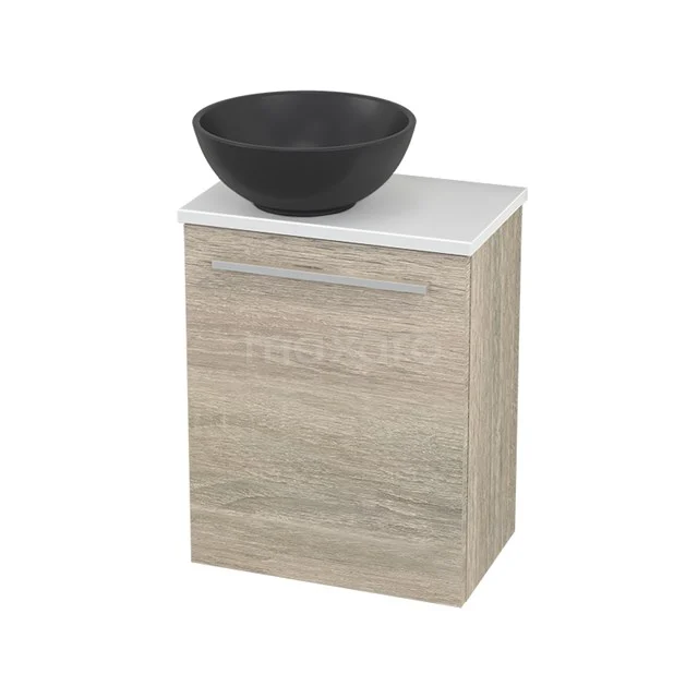 Holz Badezimmermöbel mit modernem Design, schwarzem runden Aufsatzwaschbecken und weißer Platte; ideal für eine stilvolle Badezimmer Einrichtung.