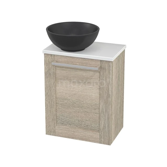 Wooden bathroom unit with black countertop wash basin, white worktop in modern design; ideal for a stylish and compact cloakroom.