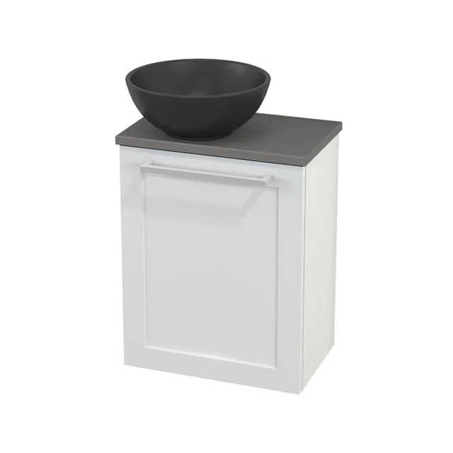 White Bathroom unit with grey worktop and black round basin, compact design made of high-quality materials for modern bathrooms.