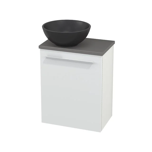 Weißes Badezimmermöbel mit grauem Waschbecken aus Naturstein, modernes Design und kompakte Form, ideal für kleine Bäder.