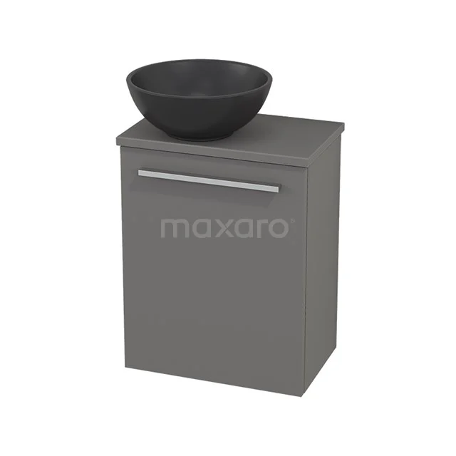 Grey bathroom furniture set with matte black cabinet and black top washbasin, ideal for modern bathrooms.