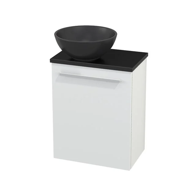 WC-Möbel mit Aufsatzwaschbecken Quarz Modulo+ Pico Matt Weiß 41cm BMC001812 Weißes Badezimmermöbel mit schwarzer Waschbecken, schlichtes Design, perfekt für moderne Bäder, Material: Keramik und Hochglanz-MDF.