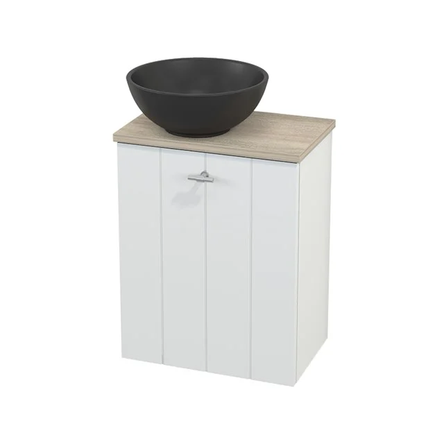 Toilet unit with countertop wash basin Quartz Modulo+ Pico Matte white 41cm BMC001839 White wooden bathroom unit with black round basin, fitted with beige top and modern bracket handle.
