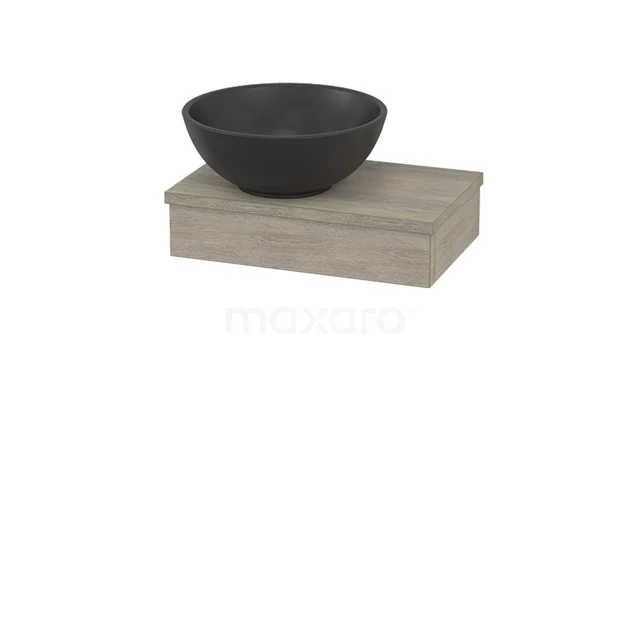 Konsole mit Aufsatzbecken Quarz Modulo+ Pico Eiche 40cm BMC001863 Schwarz Natursteine Aufsatzwaschbecken auf einer hellholzfarbenen Waschtischplatte; stilvolles Badezimmerdesign mit modernem Erscheinungsbild.