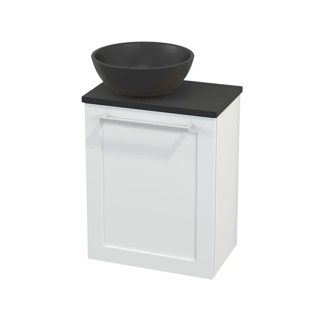 White bathroom unit with black vanity units with basin, modern design, compact size and suitable for small bathrooms.
