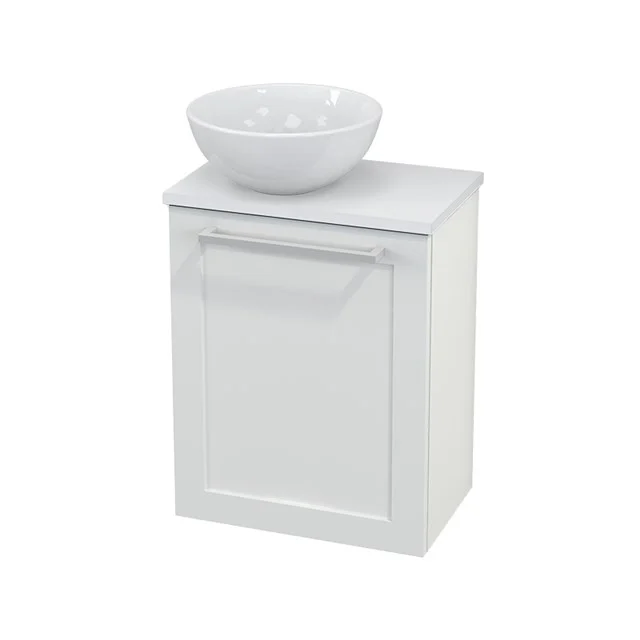 White wooden bathroom unit with classic panel door and round ceramic vanity units with basin, ideal for compact bathrooms.