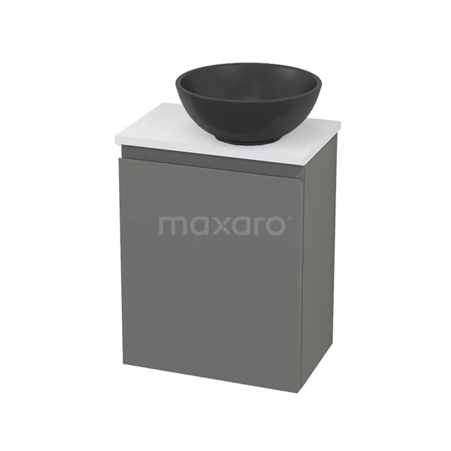 Grey bathroom cabinet with black ceramic countertop wash basin and white top plate, modern design for stylish bathroom storage.