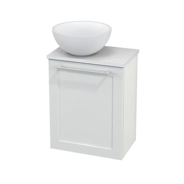 WC-Möbel mit Aufsatzwaschbecken Solid Surface Matt Modulo+ Pico Hochglanz Weiß 41cm BMC000061 Weißes hängendes Badezimmermöbel mit mattem Schranktürchen, keramischem Aufsatzwaschbecken und grifflosen Design, ideal für ein modernes Badezimmer.