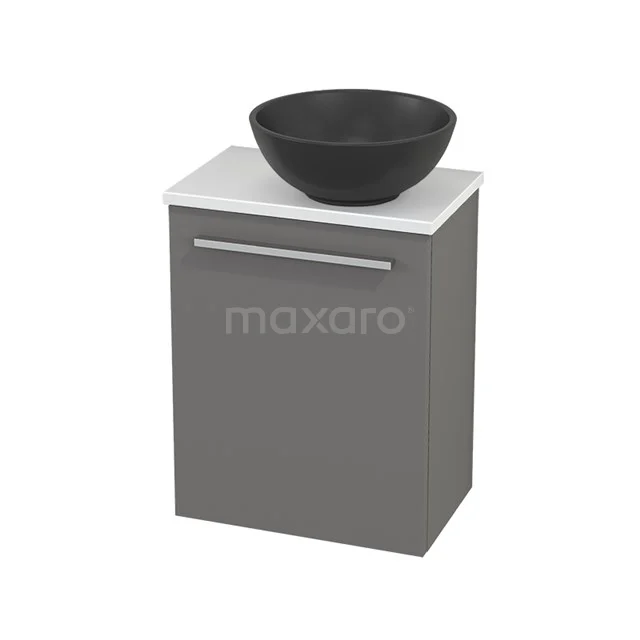 Grauer Badschrank mit weißer Oberplatte und schwarzem Aufsatzwaschbecken aus Keramik, kompakte Designlösung für moderne Bäder.