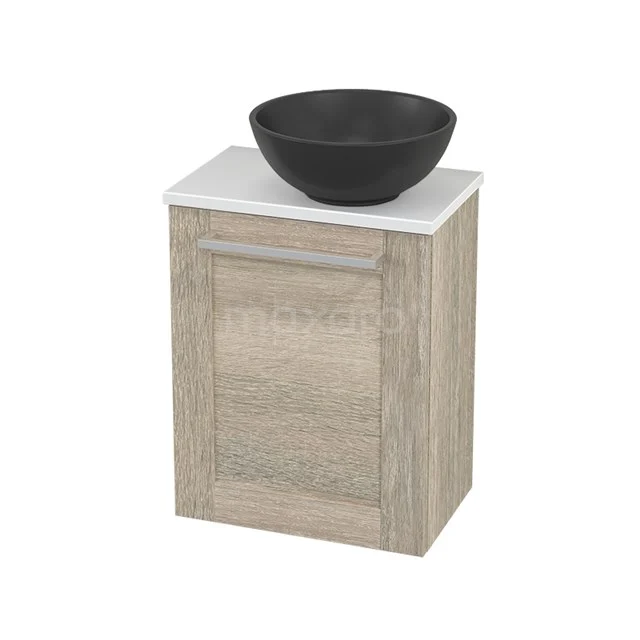 Wooden bathroom unit with black vanity units for countertop wash basin, white top and minimalist design for modern bathroom design.