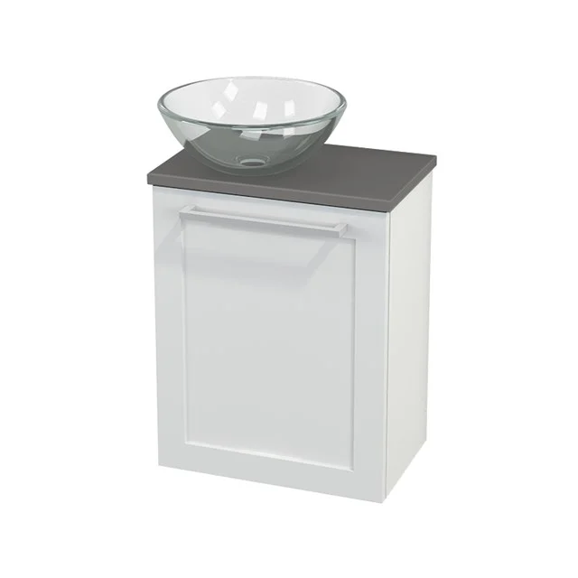 Toilet unit with countertop wash basin Glass Modulo+ Pico High-gloss white 41cm BMC000064 White bathroom unit with grey worktop and glass countertop wash basin, compact design for modern bathrooms.